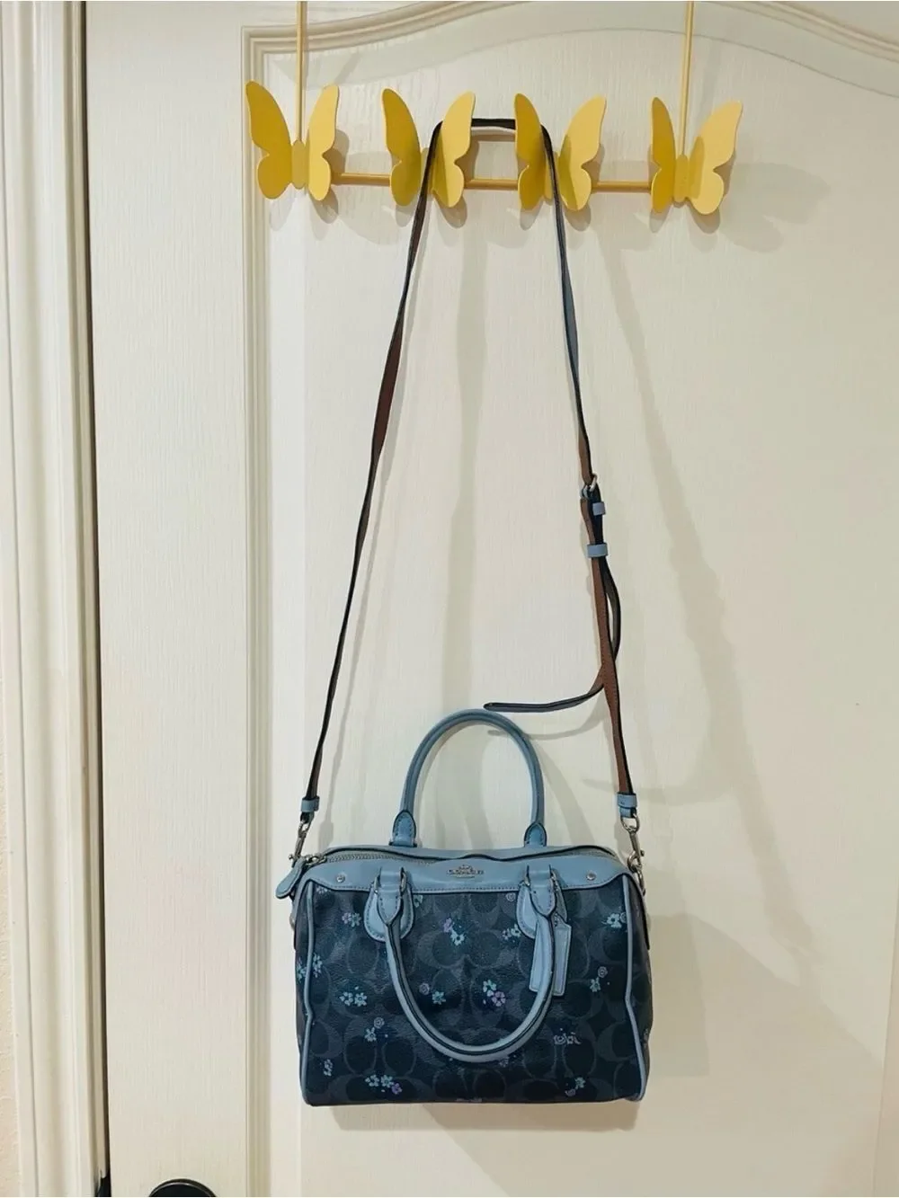 Coach Mini Bennett Satchel in a blue floral print with signature coated canvas